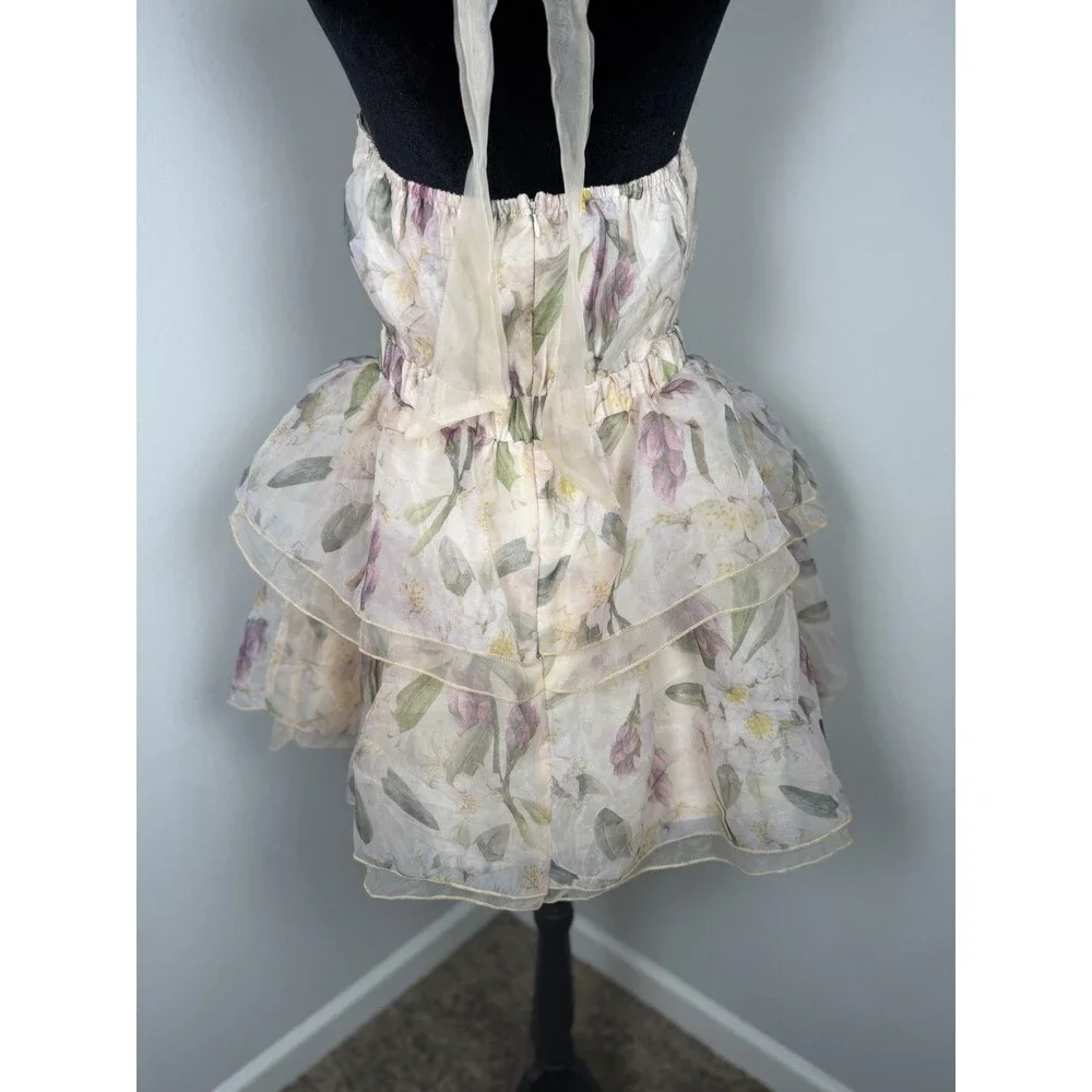 Arose Studio Danna Floral Print Halter Mini Dress Tiered Ruffle Size Large - Picture 13 of 16